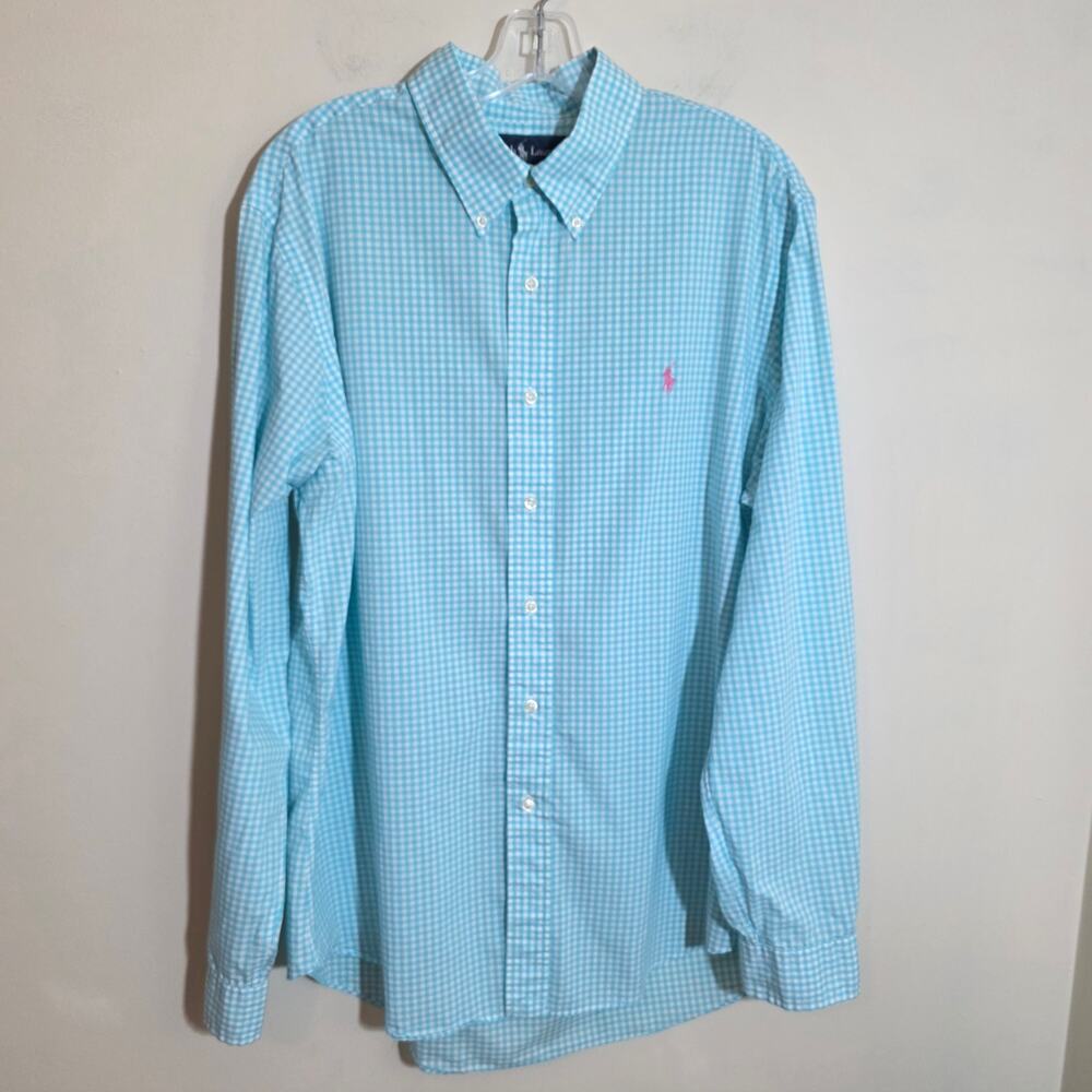 Ralph Lauren baby blue gingham pink pony custom fit button down shirt Mens sz XL